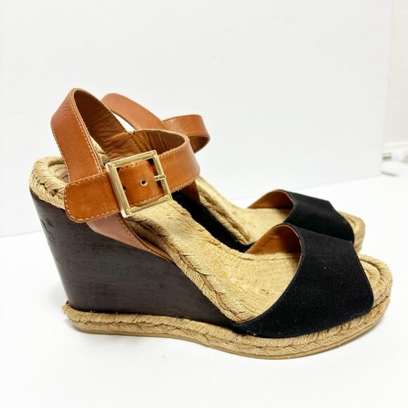 TORY BURCH CANVAS BROWN BLACK GOLD WOMEN WEDGE HEEL SANDALS SIZE 6 NO BOX - Picture 7 of 9